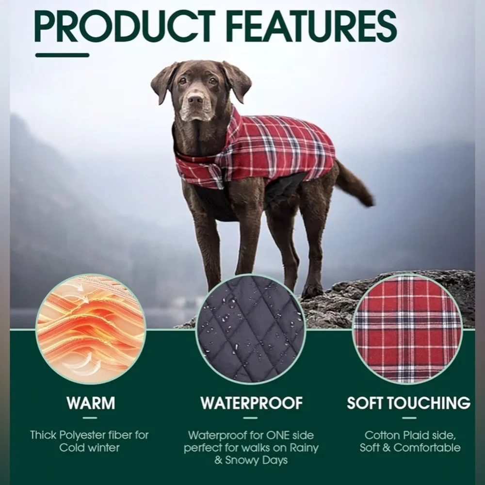 New-Reversible Plaid and Black Dog Jacket Size Large Warm & Comfortable